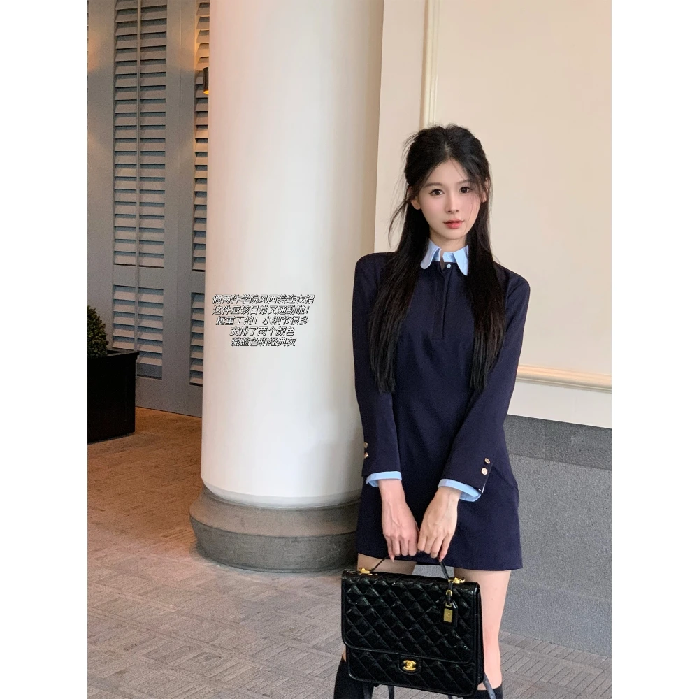 Gefälschte Zweiteilige Sets Mode Patchwork Langarm Bluse Kleider für Frauen High Street Trendy Elegante Dünne Hemden Minikleid