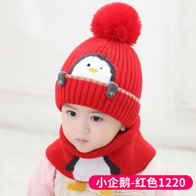 Adorable Penguin Kids Hat Scarf Set Thick Knitted Cap with Earflaps for Baby Boys Girls in Winter