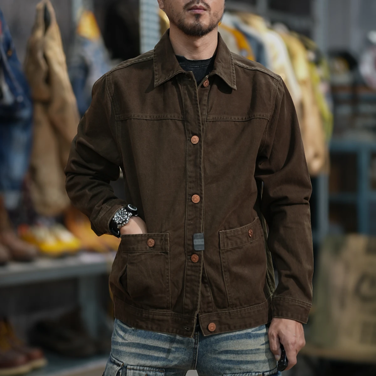 Heavy chunky retro design sense wash light do old tooling lapel denim double pocket jacket for men