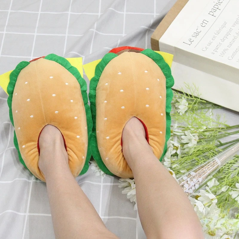 New Cartoon Hamburger Plush Slippers Women's Home Sandwich Creative Cotton Shoes Thermal Bag and Cotton Slippers