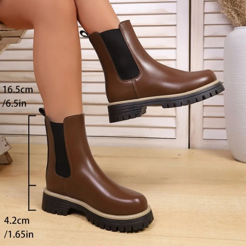 

Comfort Thick Bottom Chelsea Boots Women 2026 Autumn Slip On Chunky Platform Black Pu Ankle Boots Woman's Casual Shoes Plus Size