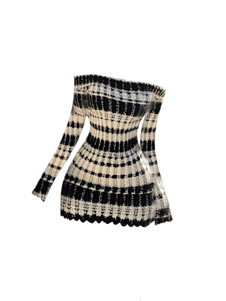 

Plus Size Gaositong Little Fraance Sle One oulder Long Sve Women's Dr Autumn Winter Pure Desire Waist Cinching ort Skirt
