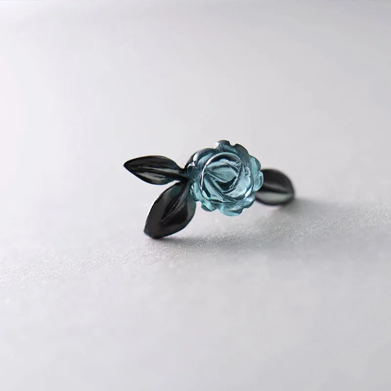 Thaya s925 Silver Thorn Blue Crystal Rose Design Black Stud Earrings for Women Asymmetry Flower Earring Female Jewelry Gift
