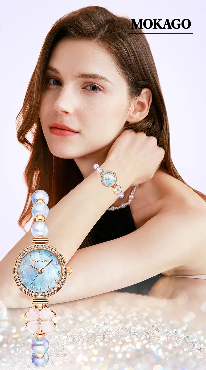 ساعة كوارتز تناظرية عصرية كلاسيكية للنساء، سوار خرز للمجوهرات، قرص صغير مستدير من اللؤلؤ، ساعة يد صناعية قابلة للتعديل #6