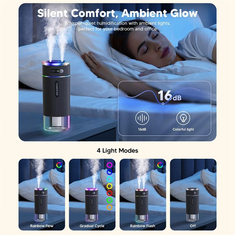 A88X Portable Small Humidifier Forbedroom Dual Nozzle Large Cool Mist Mini Personal Desk Air Humidifiers Fortravel Black