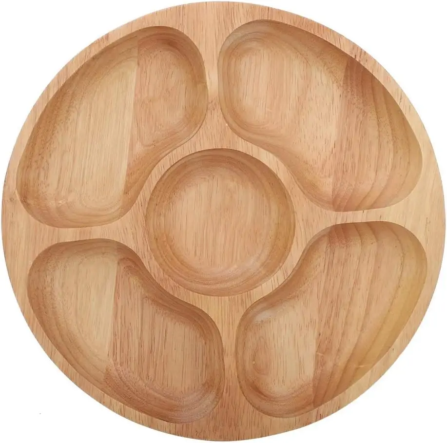 5 Sectional Tray, Wooden Divided Serving Platter Dishes Round Food Serving Tray for Party, Chip and Dip Serving Bowls for Appetizers, Veggies, Candy and Snacks, Dessert, Tableware Kitchen Decor (25cm)