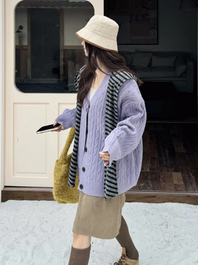 

Свободный фиолетовый вязаный свитер с v-образным вырезом, кардиган, женский осенне-зимний новый Sle, удобная высококачественная вязаная верхняя одежда