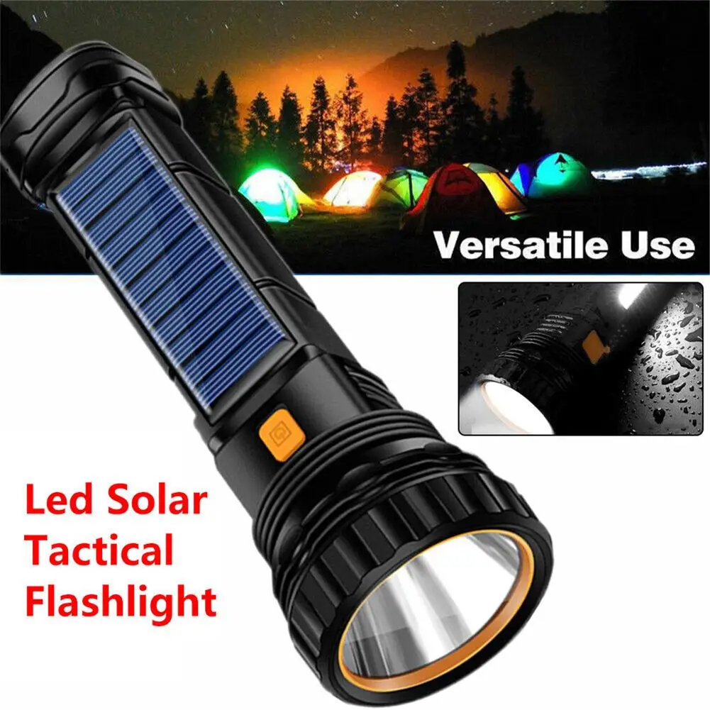 Led Solar Tactical Flashlight 1200mah High Power Flashlights USB/Solar Rechargeable Waterproof Outdoor Camping Emergency Light