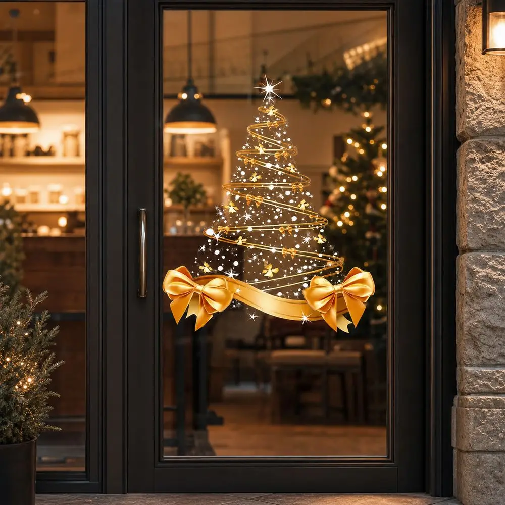 Christmas Glass Decal Christmas Window Sticker PVC Static Cling Bow Window Decal Festive Style Glass Door Decor