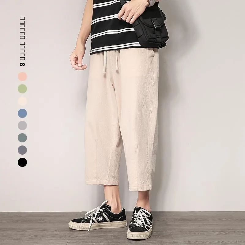 

Мужские летние повседневные брюки из хлопка и льна, тонкие, свободные, длиной 7/8, в стиле кэжуал, с низкой талией, молодежные, в стиле Харлан