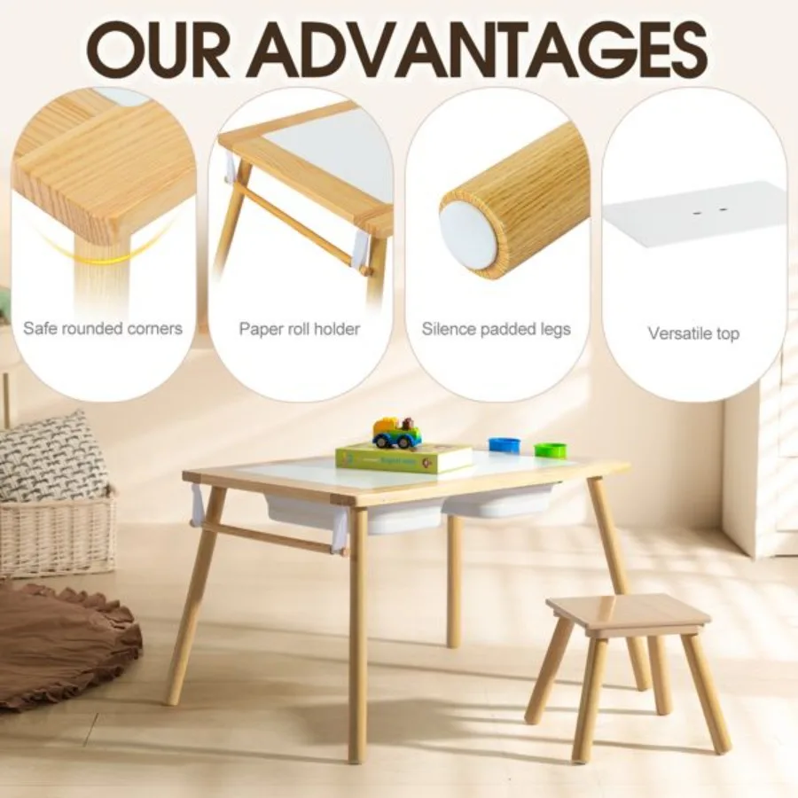 โต๊ะสัมผัสพร้อมสตูล โต๊ะกิจกรรมพร้อมถังเก็บของ 2 ใบ และที่ใส่ปากกา 2 ชิ้น และโต๊ะเด็กเล็กมัลติฟังก์ชั่นแบบม้วนกระดาษสำหรับ