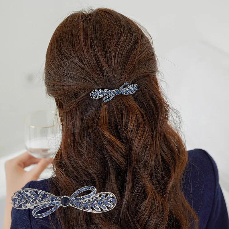 CHIMERA Hair Accessories Elegant Blue Leaves Bow Crystal Hairpin Women Ponytail Headdress Top Clips French Hair Metal Barrettes