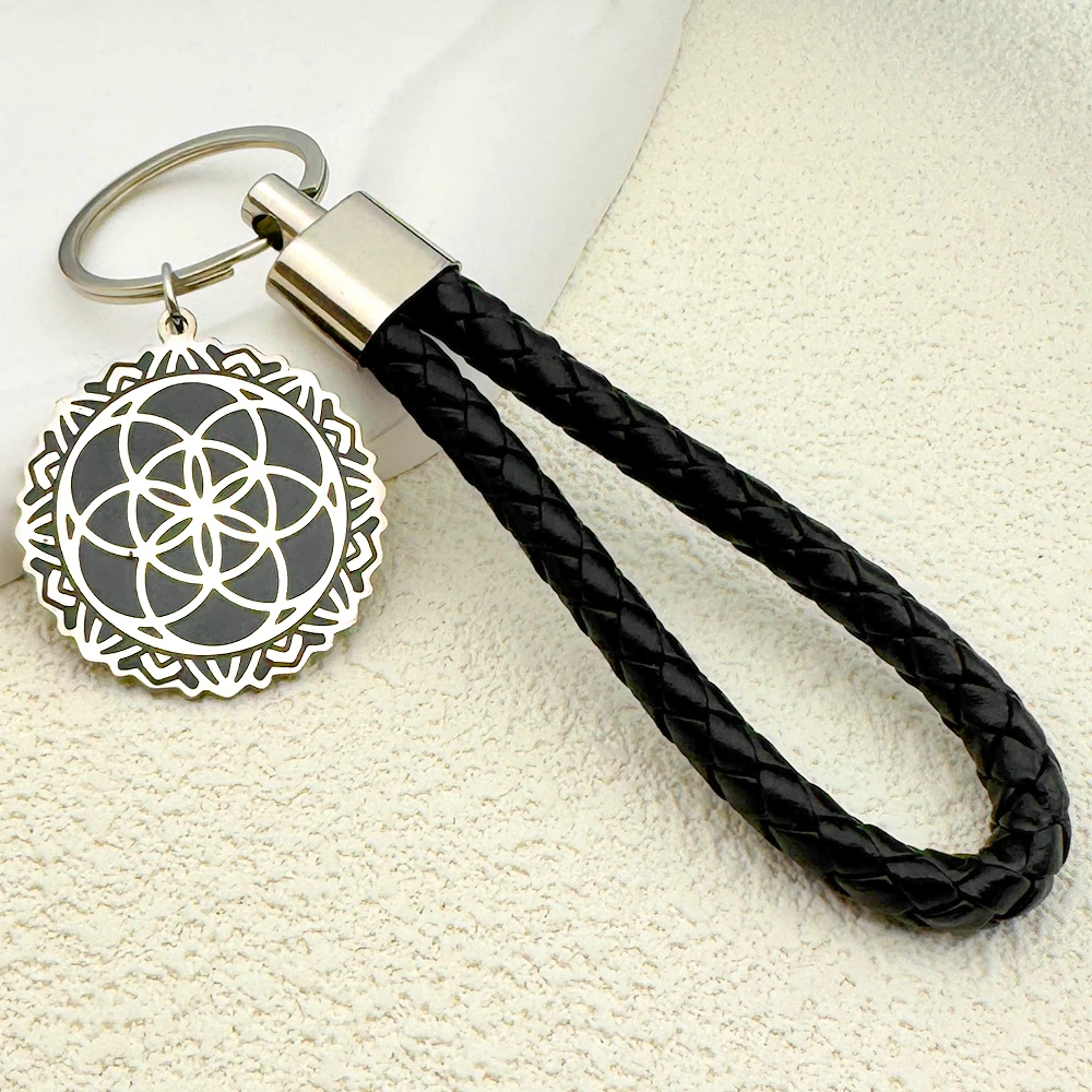 

Yoga Sacred Geometry Life Seed Keyring For Women Men Stainless Steel Silver Color Female Flower Of Life Jewelry Accessories