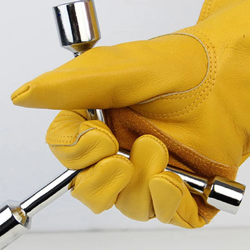 {CC44} 1 Pair Yellow Cowhide Heavy Duty Safety Protective Driver Working Welding Stretchable Mechanic Glove Leather Work Gloves
