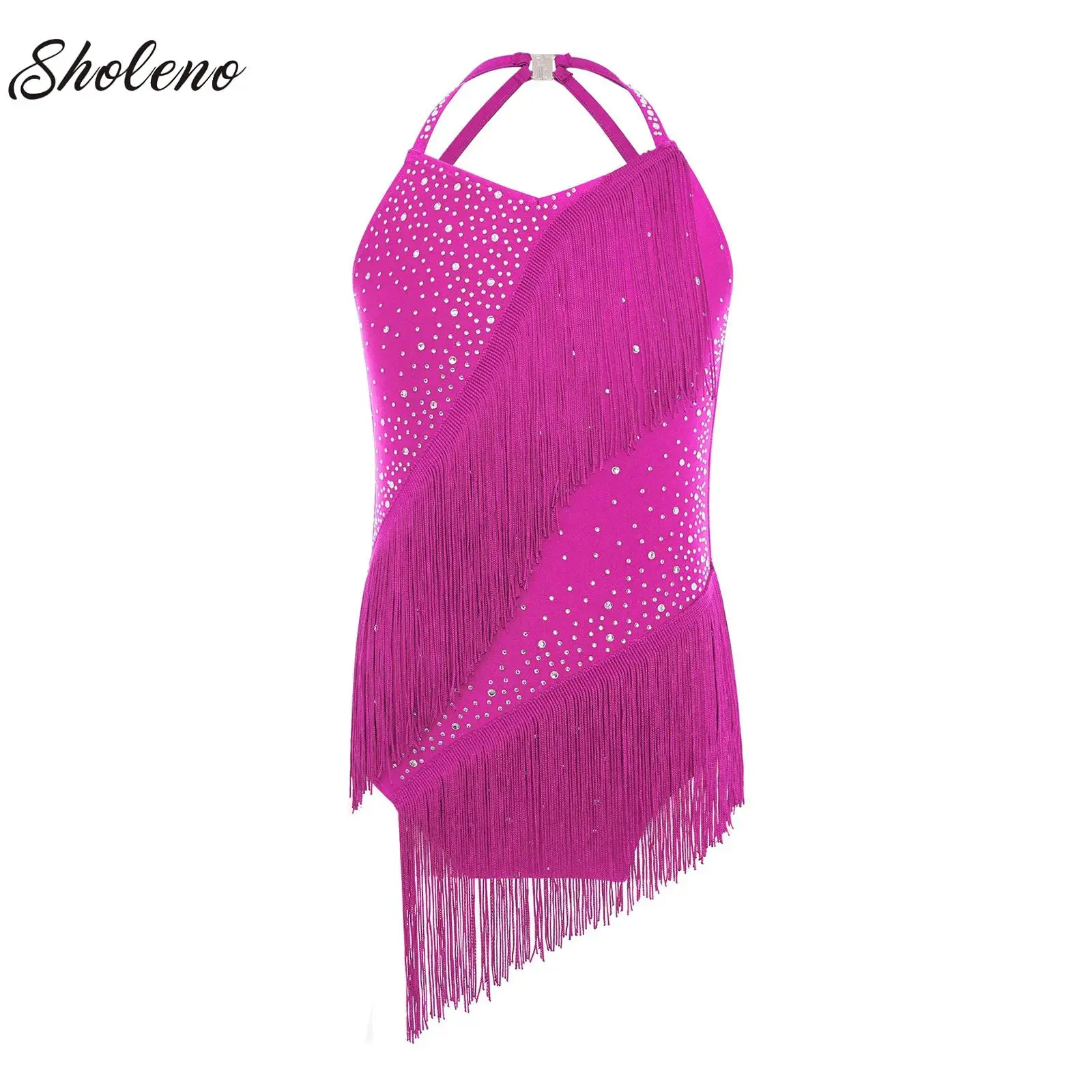 

Kids Girls Latin Tango Dance Leotard Dress Halter Backless Rhinestones Tassel Bodysuit Figure Skating Competition Dancewear