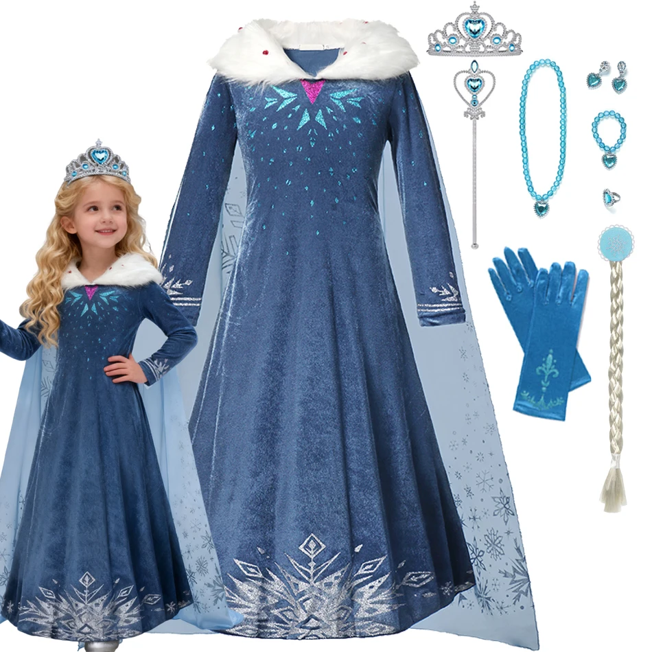 الأزرق ندفة الثلج فستان الأميرة الشتاء طويلة الأكمام الفراء طوق ملكة الثلج فستان مُصمم حسب الطلب فتاة إلسا السنة الجديدة عيد الميلاد ملابس للحفلات
