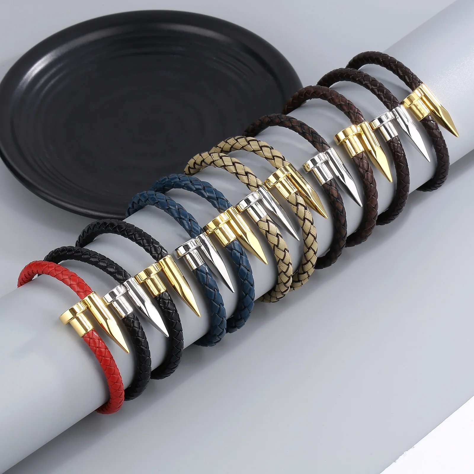 Fongten Versatile Style Nail Head Stainless Steel Bangle For Men Cowhide Woven Bracelet Street Rock Fashion Jewelry Party Gifts