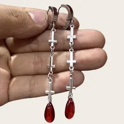 Gothic Vampire Cross Earrings For Women Girls Blood Drop Pendant Ear Hoops Vintage Red Crystal Witchcraft Jewelry Gifts