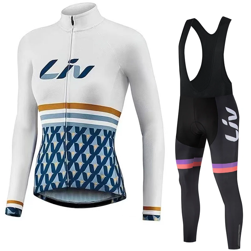 LIV Women's Cycling Jersey, Autumn and Winter Cycling Sports Set with Polyester Fiber Cycling Bib Shorts