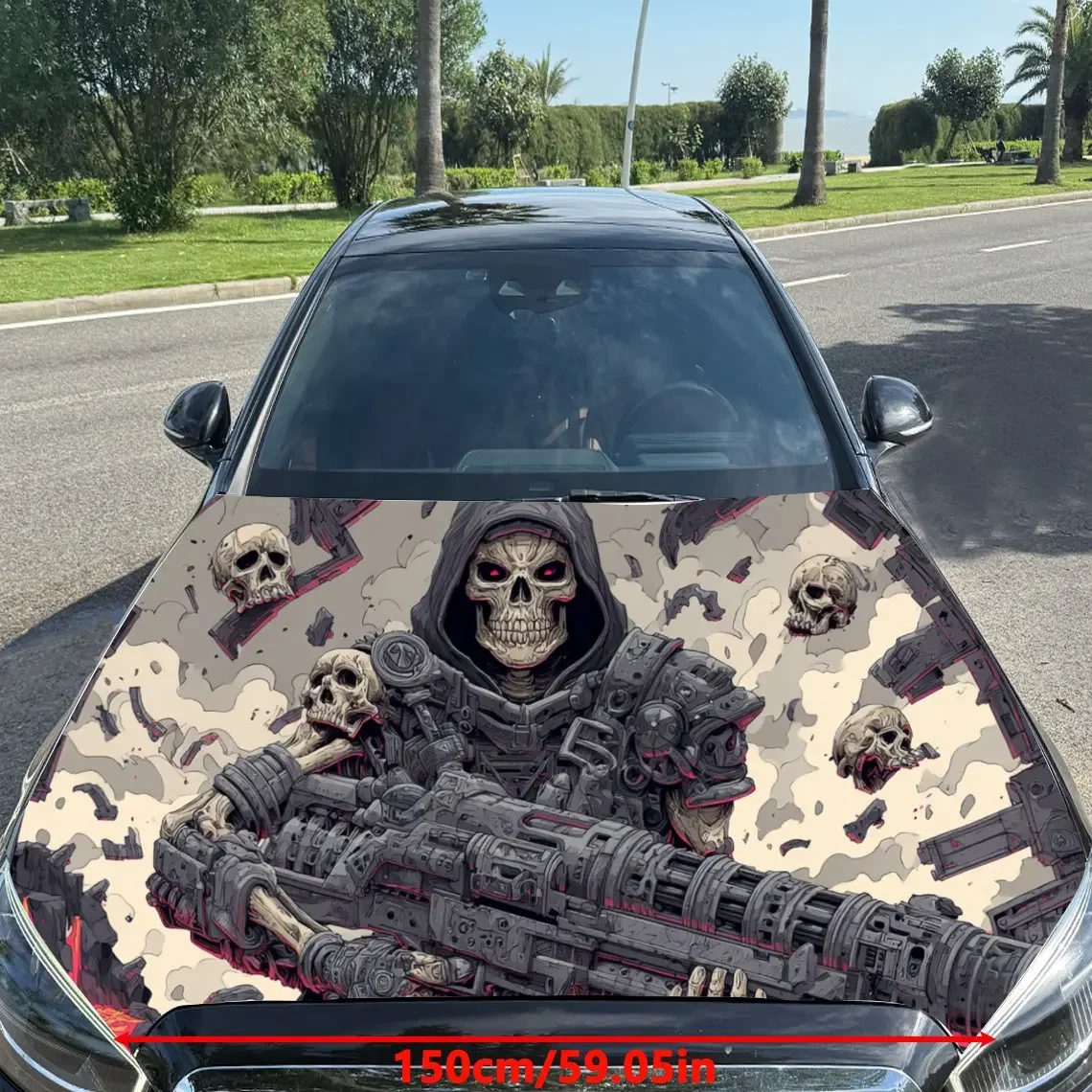 Trendy Sci - Fi Mechanical Skull - themed PVC Car Engine Hood Vinyl Wraps, Self-Adhesive Waterproof Car Hood Decal Sticker, Car