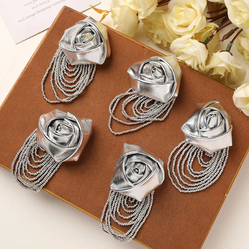 

10pcs Silver leather tassel rice bead rose bud patches for clothing, DIY side clip hats,bags,shoes decorations patch