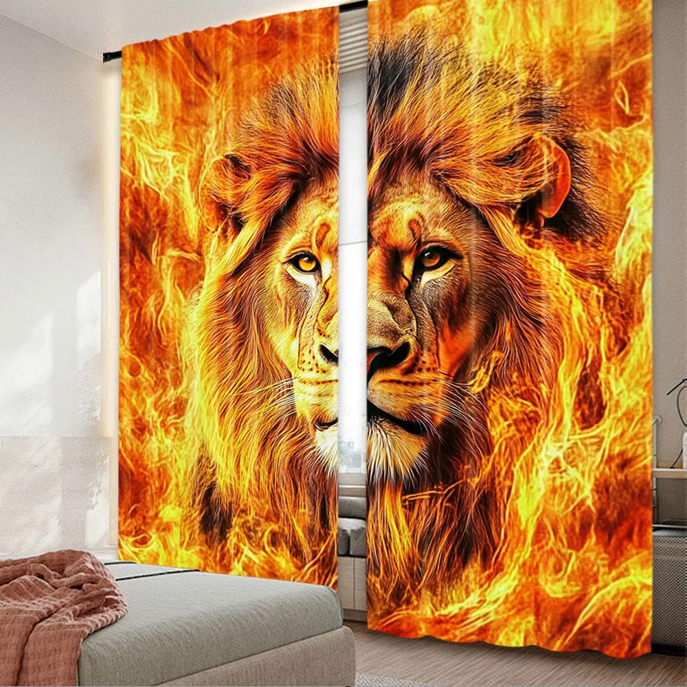 2Pcs Lion In Flames Curtains Burning Flame Lion Head Curtains Lion Art Curtains Apply To Bedroom Living Room Dorm