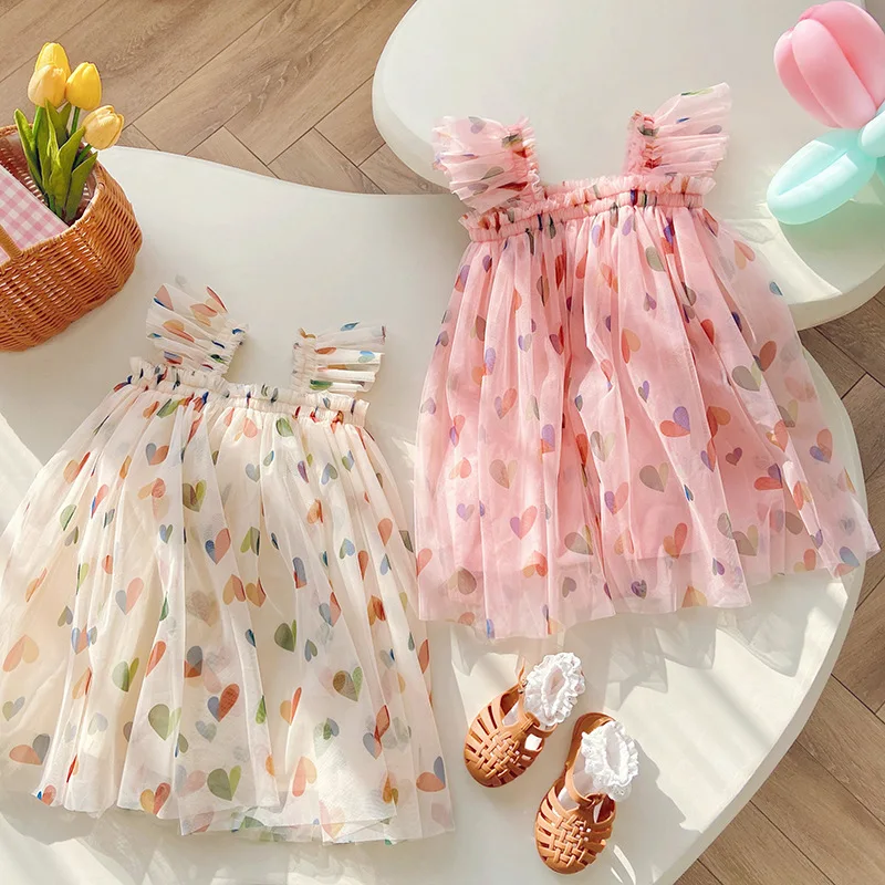 Kids Girl Valentine’s Day Heart Print Tulle Dress Flying Sleeve Butterfly Suspender A-Line Dress for Spring Summer Mesh Sundress