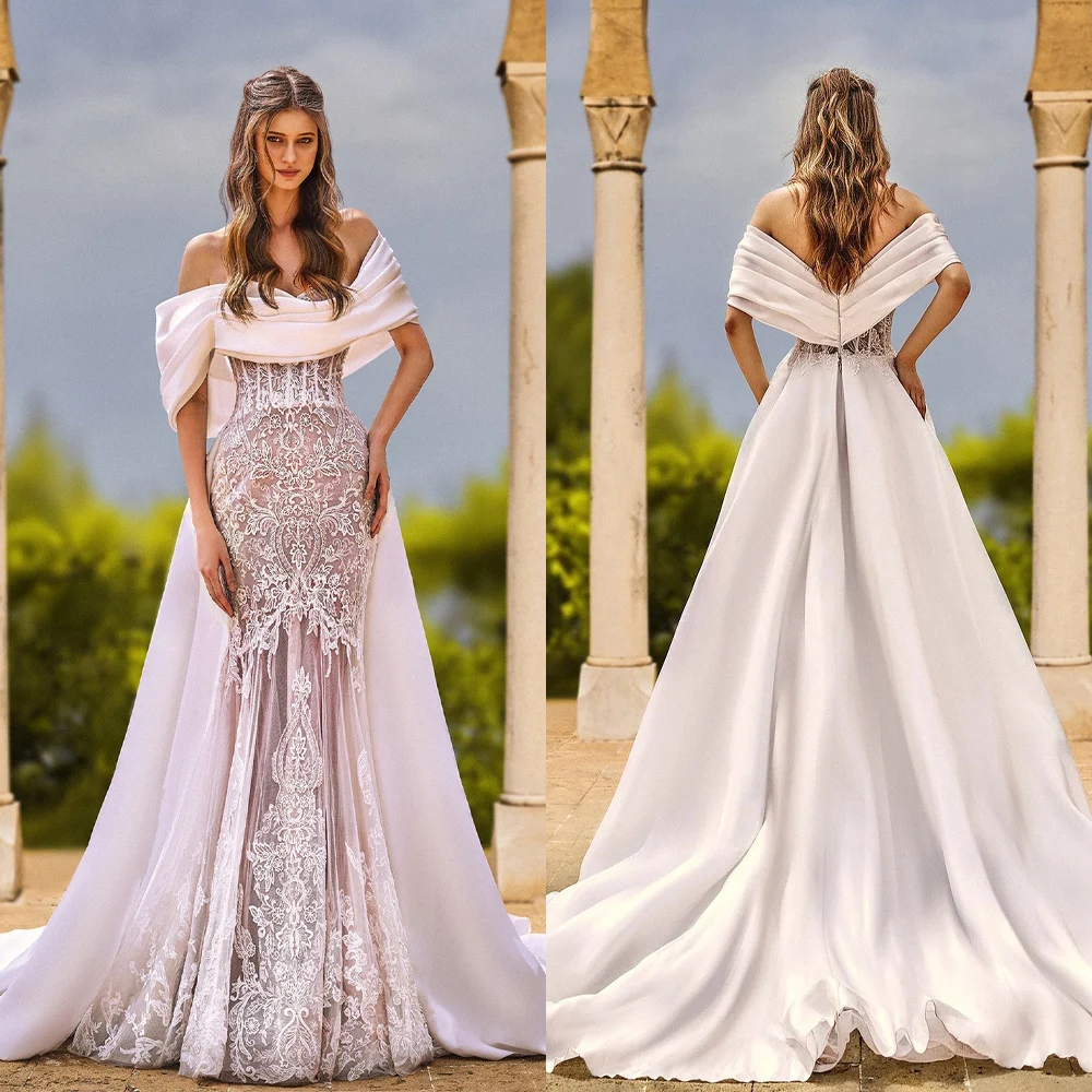 Elegant Mermaid Wedding Dresses Off Shoulder Sleeveless Bridal Gown Appliques Lace Backless Sweep Train Dress Custom Made