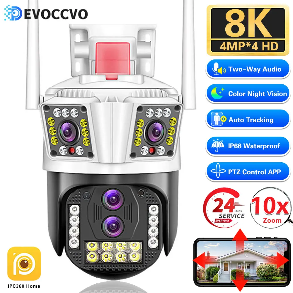 

IPC360 Home App 16MP 8K Security Camera 4 Lens 10X Zoom 3 Screens WiFi PTZ Camera Two Way Audio Auto Tracking Color Night Vision