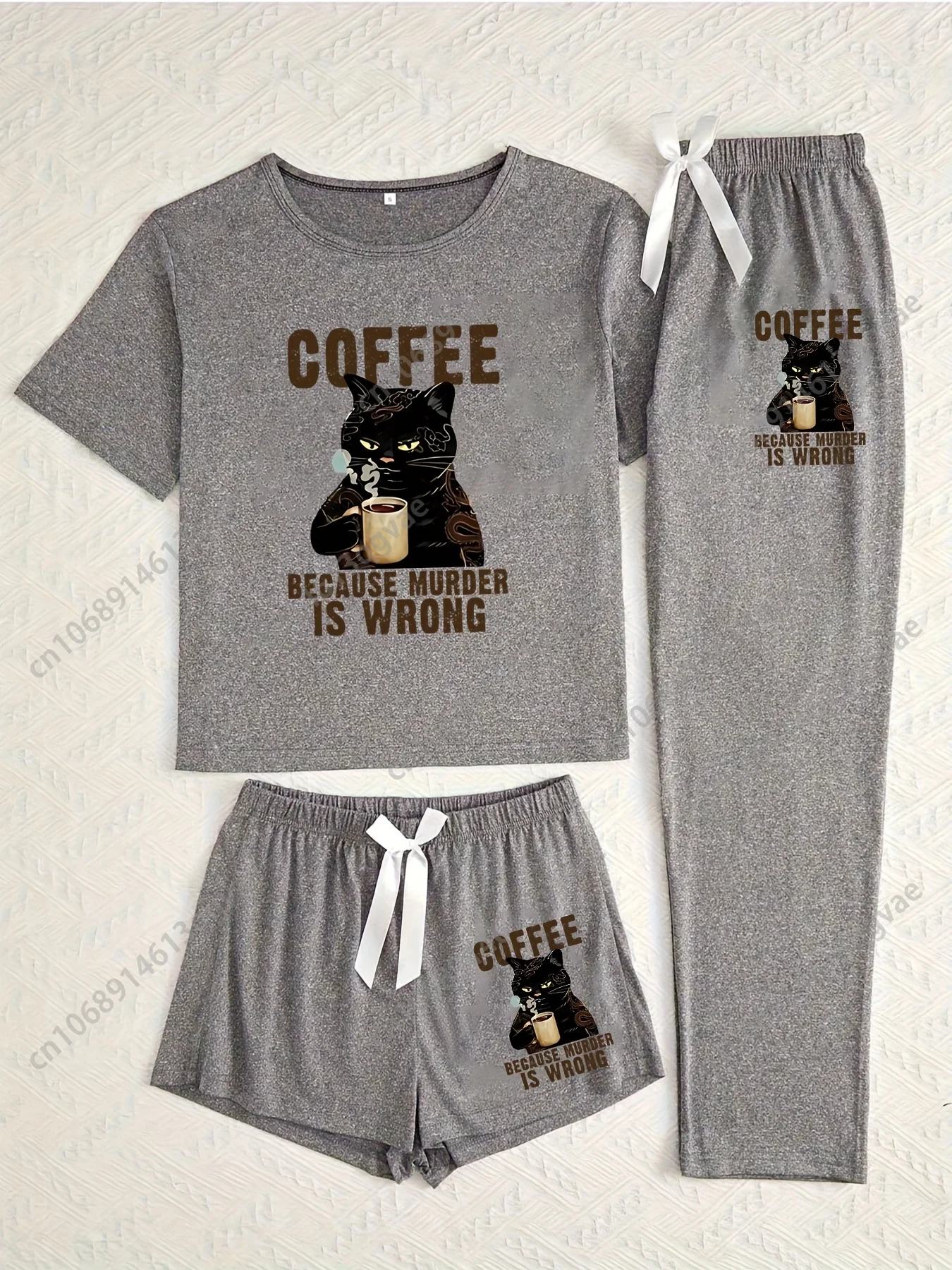 [Pijama fofo com estampa de café] Conjunto de pijama feminino de 3 peças – roupa de dormir fofa com estampa preta e café com top de pijama, shorts e calças |   Cinza