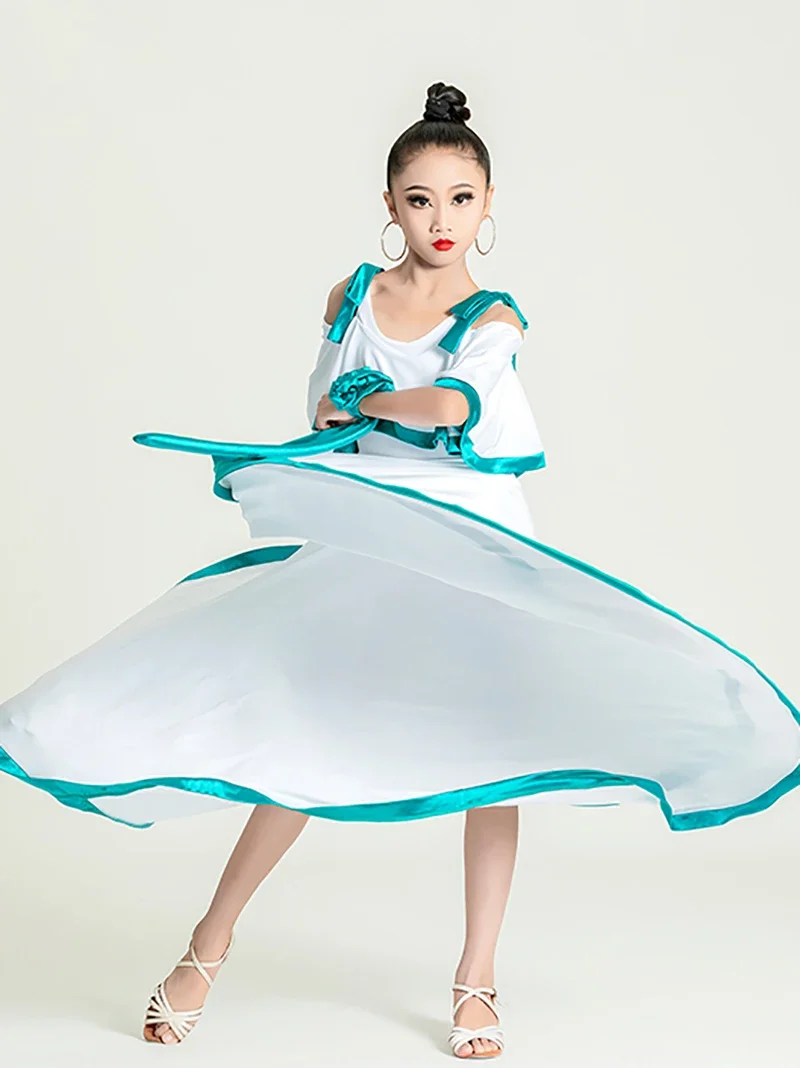 فستان رقص لقاعة الرقص على الكتف للأطفال البنات، ملابس رقص حديثة، أزياء تنورة الفالس الاجتماعية الكبيرة على شكل هيكل السمكة