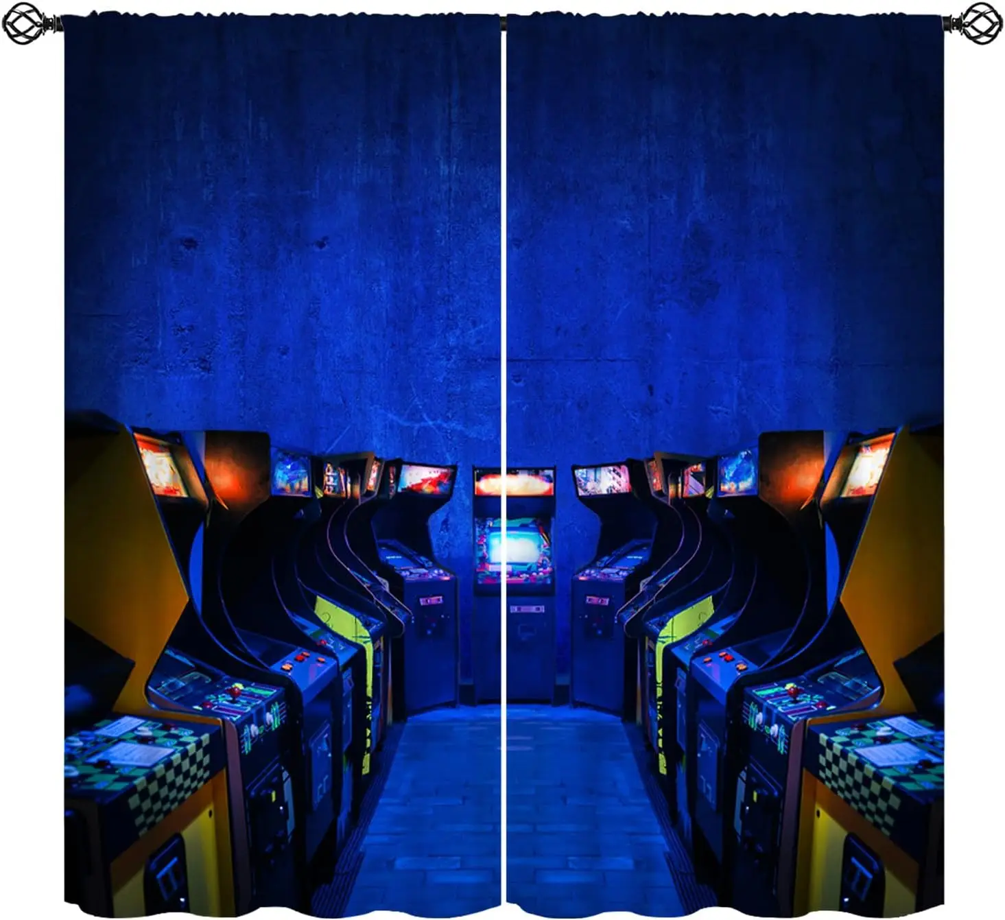 Retro Arcade Game Theme Curtain 2 Panels Dark Blue Concrete Base Old Game Cabinet Print Window Drape Trendy Casual Gamer Teen