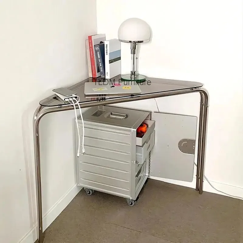 Small Practical Minimalist Computer Style Glass Triangle Apartment Corner Desk Desk Corner Stainless Steel Coffee Table