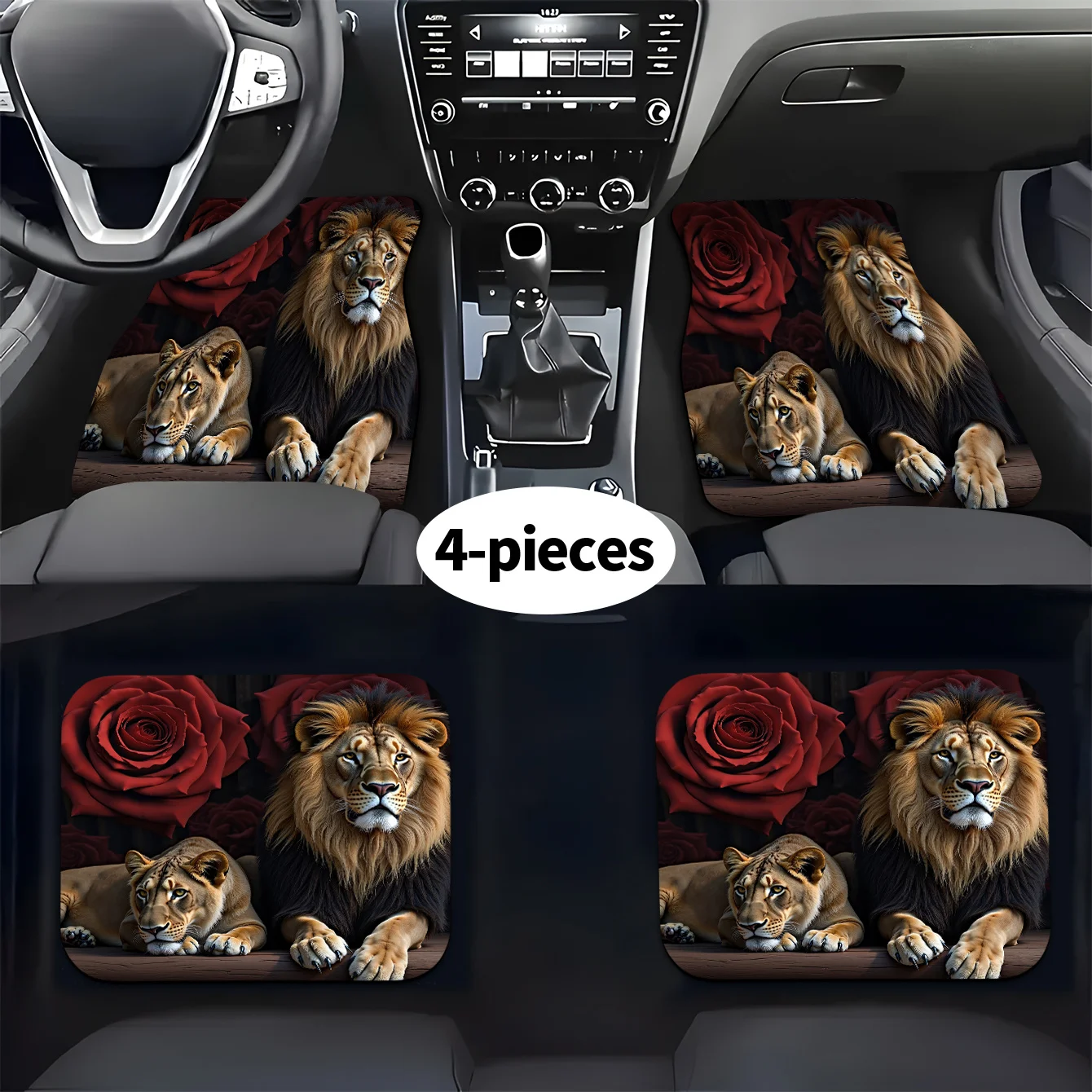 

4pcs Car Floor Mats With Lion & Red Rose Patterns - Durable Polyester Fiber, Easy To Clean, Stylish Interior Decor For All Vehic