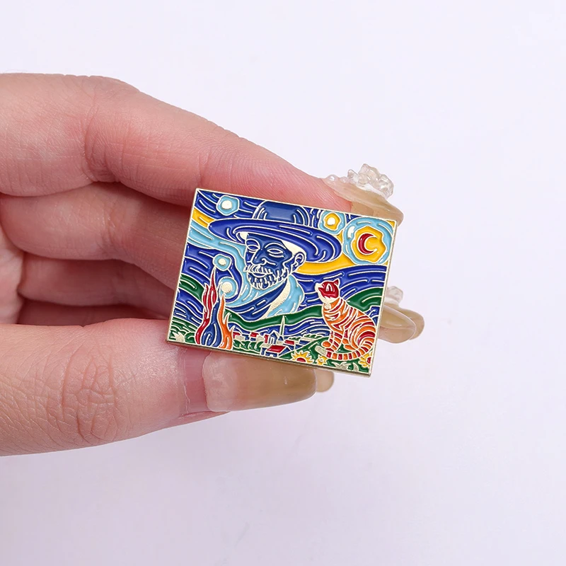 Van Gogh Oil Painting Enamel Pins Custom Starry Night Cats Brooches Lapel Badges Fun Animal Art Jewelry Gift for Kids Friends