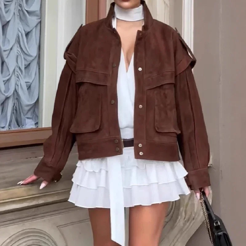 

2025 Autumn Women's Popular Solid Color Personalized Retro Short Suede Jacket