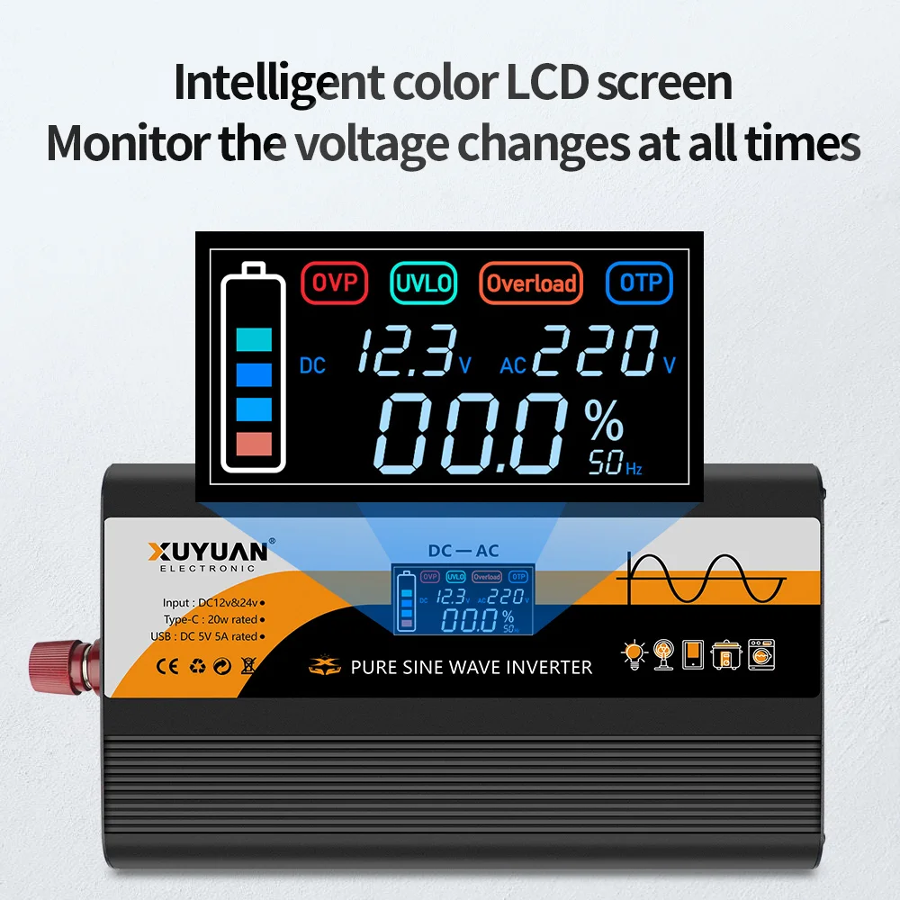 3kW XUYUAN العاكس 12V24V إلى 220 فولت محول موجة جيبية نقية يخت/سيارة السفر عاكس الطاقة 50 هرتز 2KW/1400 واط/800 واط المعيار البريطاني