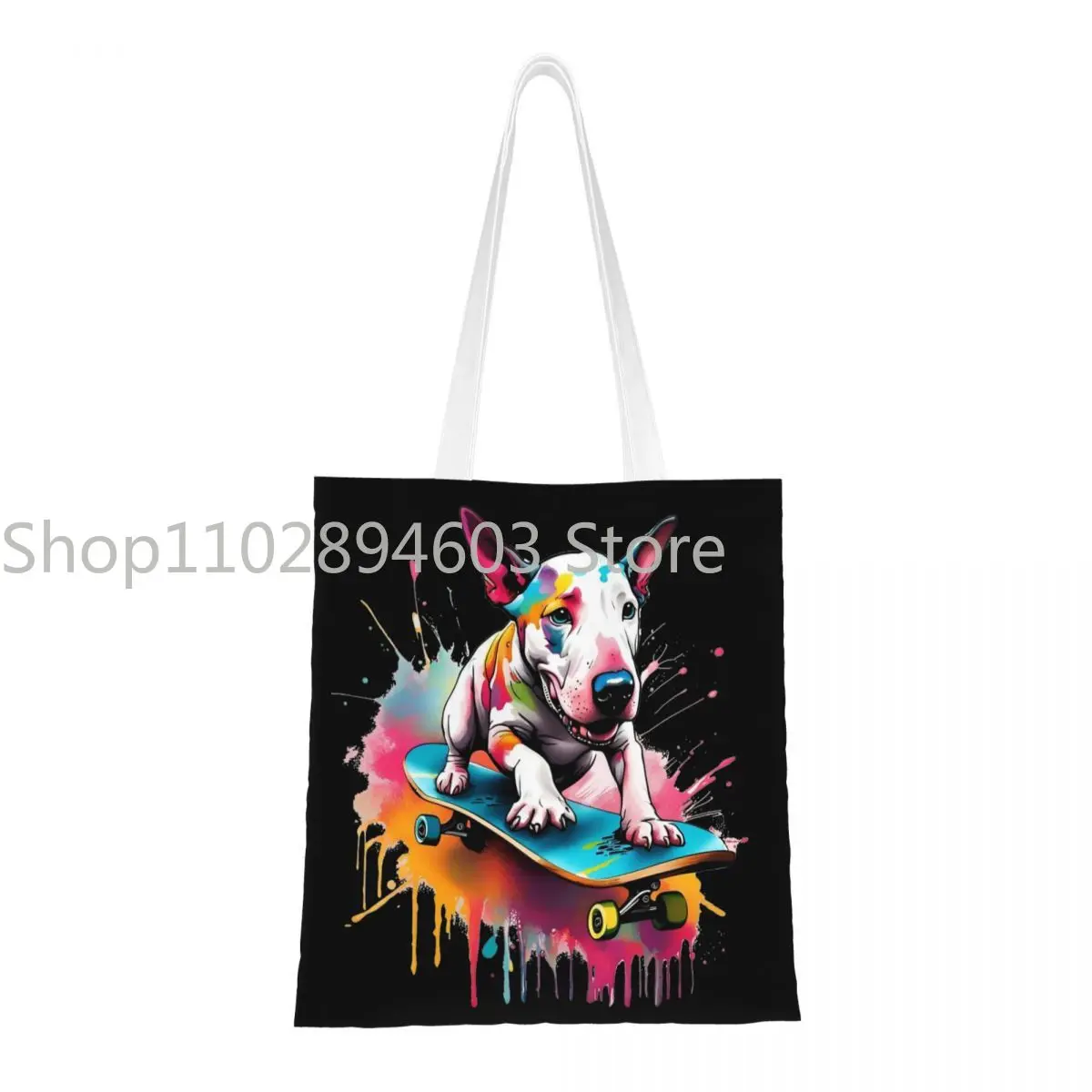 English Bull Terrier On A Skateboard Splash Art Canvas Tote Bag Aesthetic Unique Design Shopping Bag for Unisex