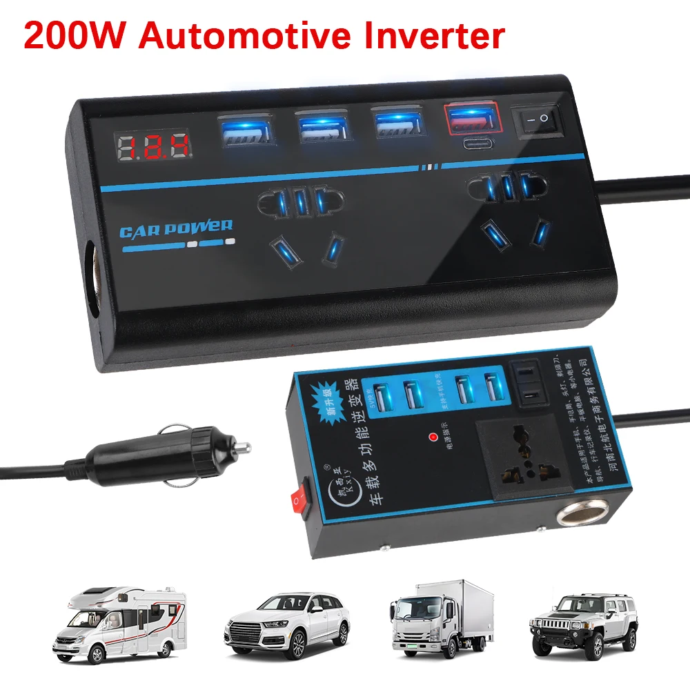 8 Ports Sockets ON/OFF Switch 200W DC 12V/24V to AC 110V/220V Converter Car Inverter Power Adapter USB/PD/Type-C Chargers QC 3.0