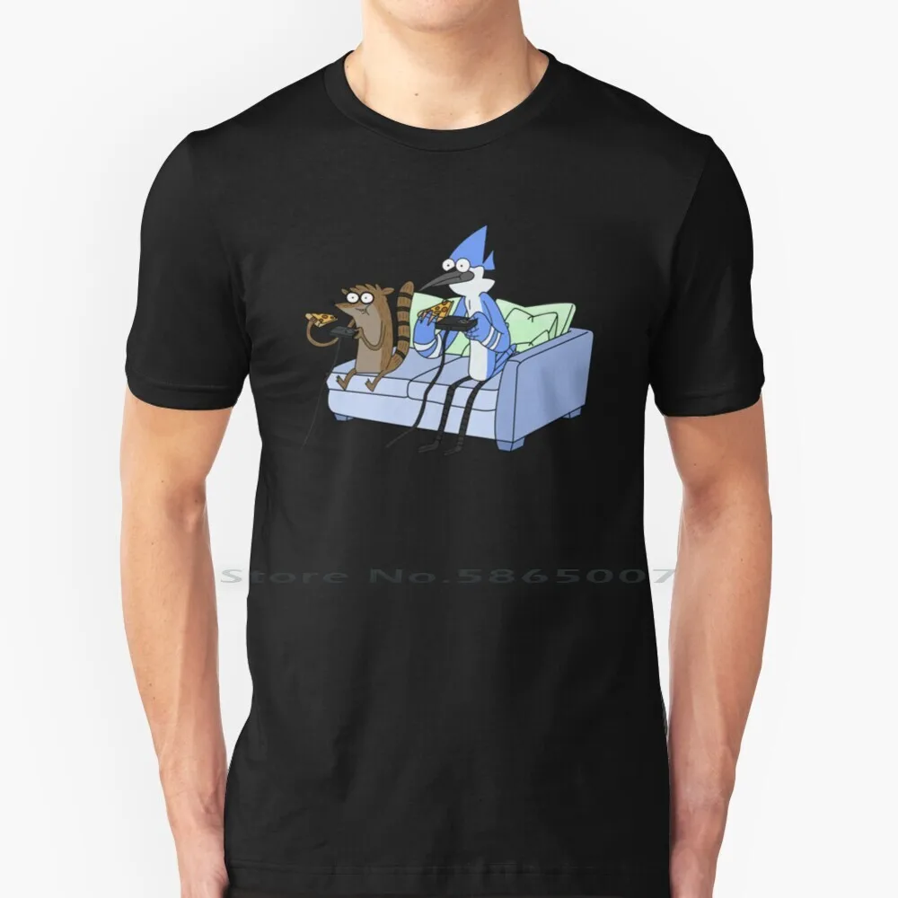 Mordecai And Rigby Pizza And Video Games 100% Cotton T Shirt Cartoon Mordecai And Rigby Rigby And Mordecai Rigby The Raccoon