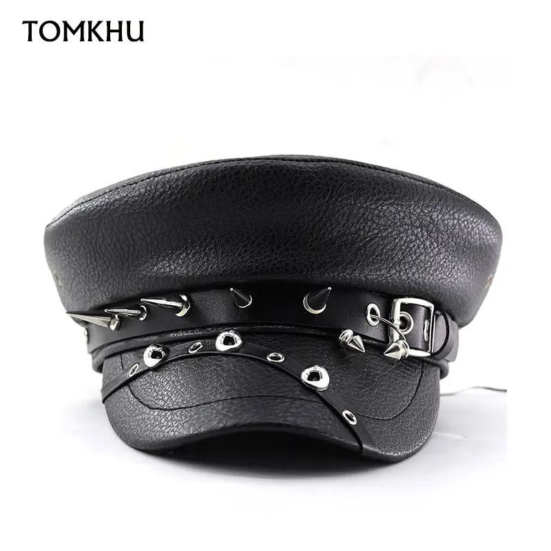 Nova moda feminina boina preto couro do plutônio plana chapéu militar acessórios femininos desfile de moda