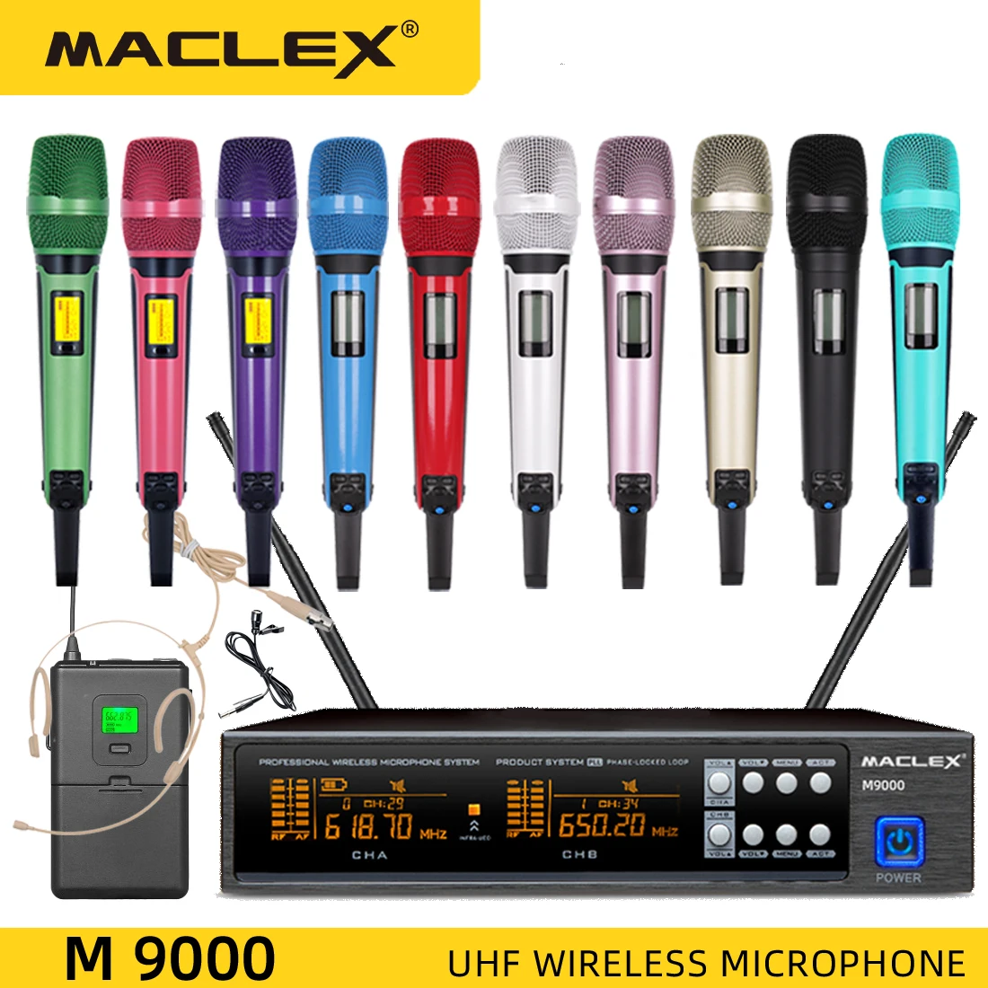 M9000 Maclex Performance Stage UHF Long Distance Professional Wireless High Quality Dual Channel Metal Handhel  Microphone Syste