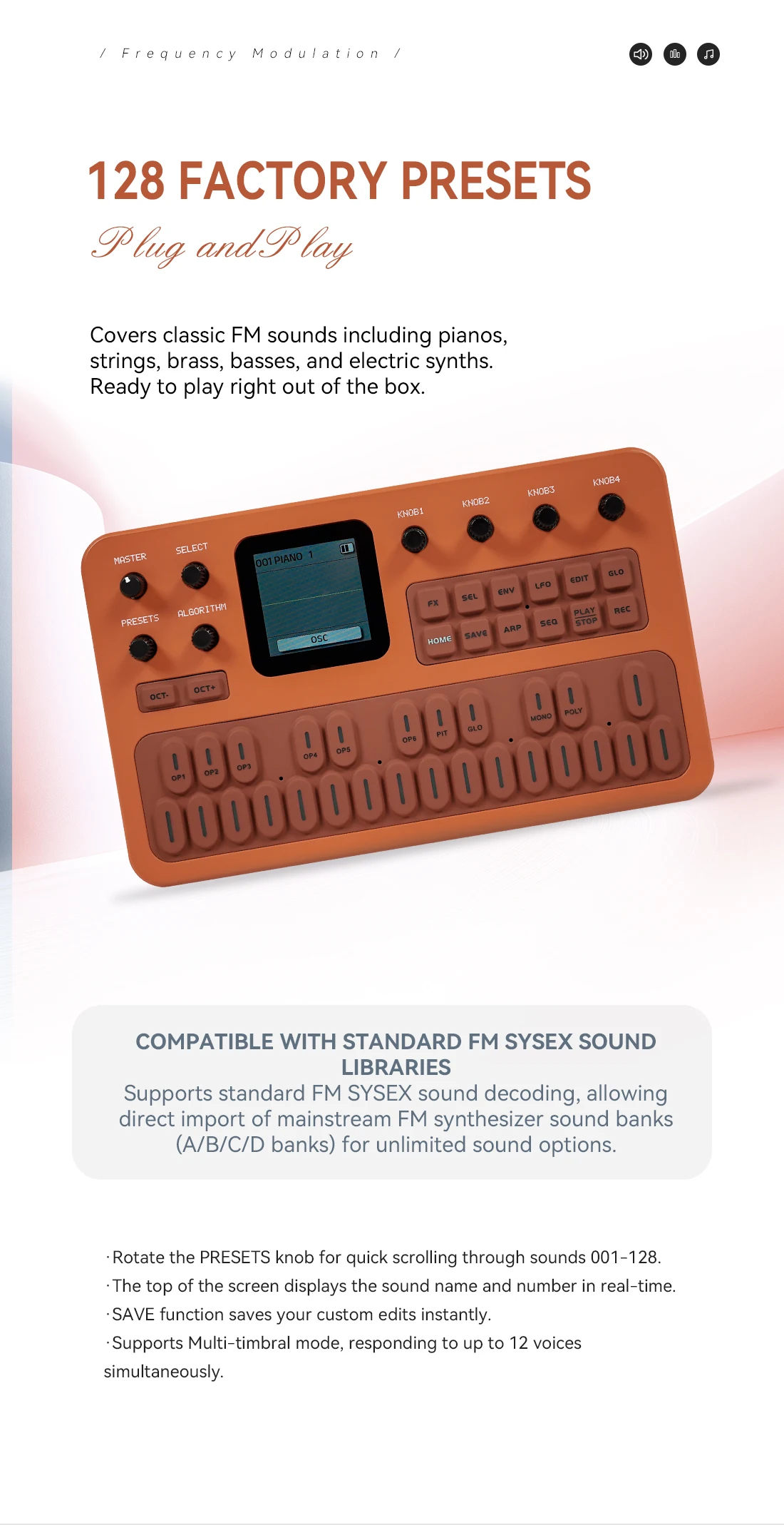 M-VAVE FM-1 (SK15)  Orange Handheld Synthesizer – 27-Key Silicone Keyboard, 12-Voice Poly, 2000mAh Battery, Built-in Speaker view 3