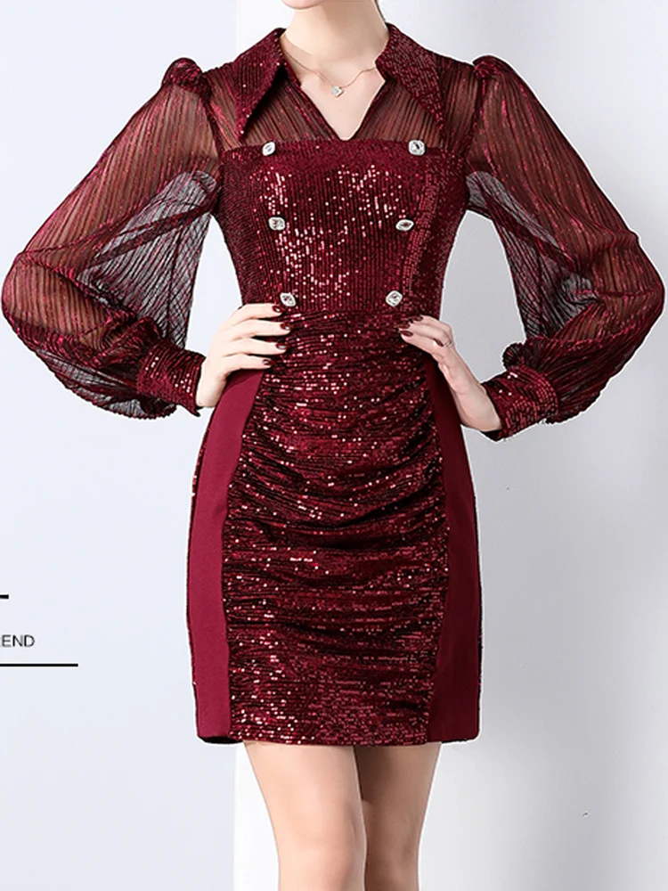 Frühling Vintage Elegantes Kleid Für Frauen Super Schöne Party Damen Bodycon Schlanke Taille V-ausschnitt Laterne Hülse Mini Pailletten Kleid