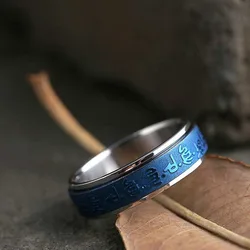Stainless Steel Blue Herbalist Buddha Heart Mantra Ring for Men Women Good Lucky Jewelry Buddhist Ring Accessories Gifts