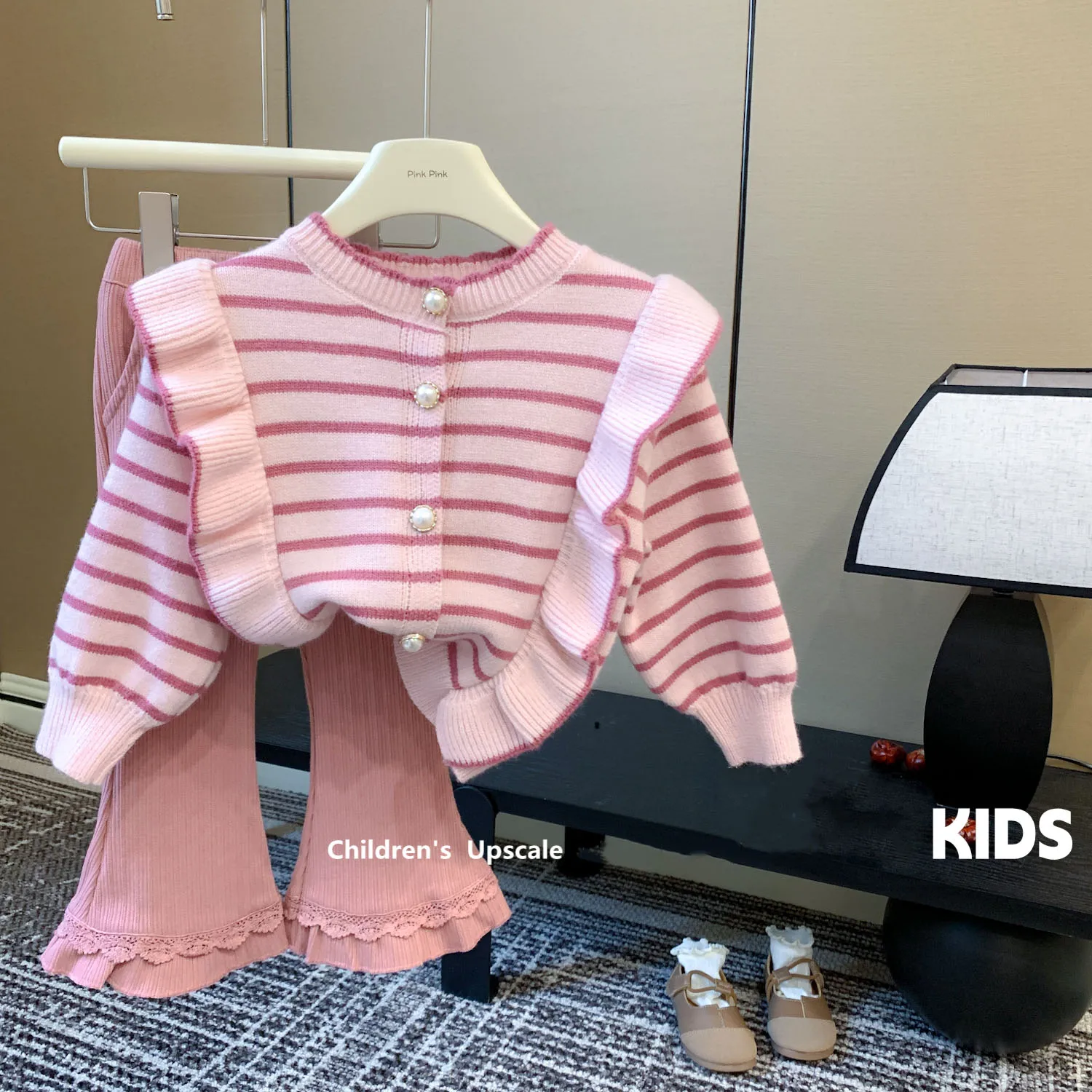 

Cute Girls Sweater Sets Ruched Striped One Breasted Knitting Cardigan+Solid High Waist Flare Pants 2Pcs Kids Casual Outfit Suits