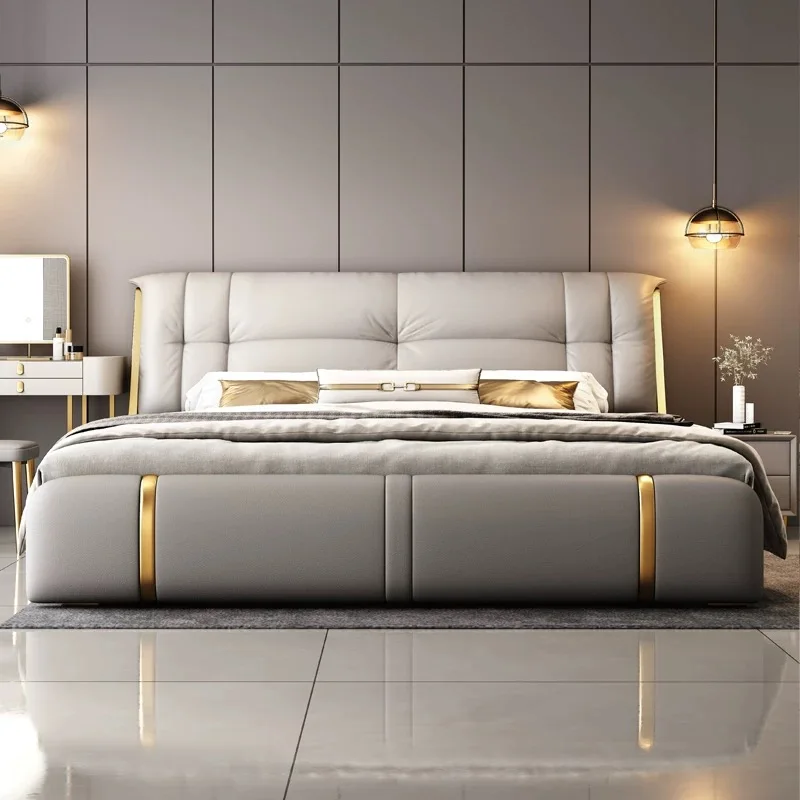&c High Quality Light Luxury Modern Upholstered Leather Bed Bedroom Furniture Double King Size Bed With Wood Frame and Storage
