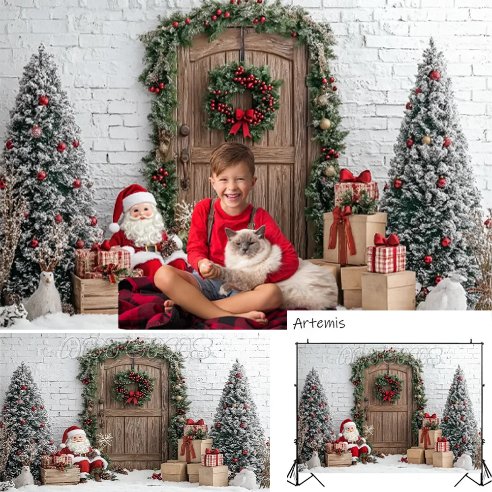 Christmas Winter Arched Wreath Wooden Door Santa Claus Small Pine Trees Gifts White Brick Wall Background Photo Studio Photocall