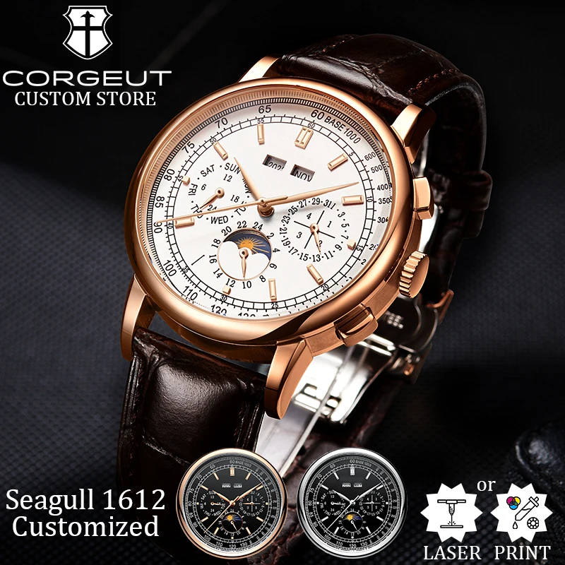 CORGEUT 41mm Business 316L Leather Mineral Glass Automatic Mechanical Men Watches Year Date Week Watch for Man Reloj Accessories