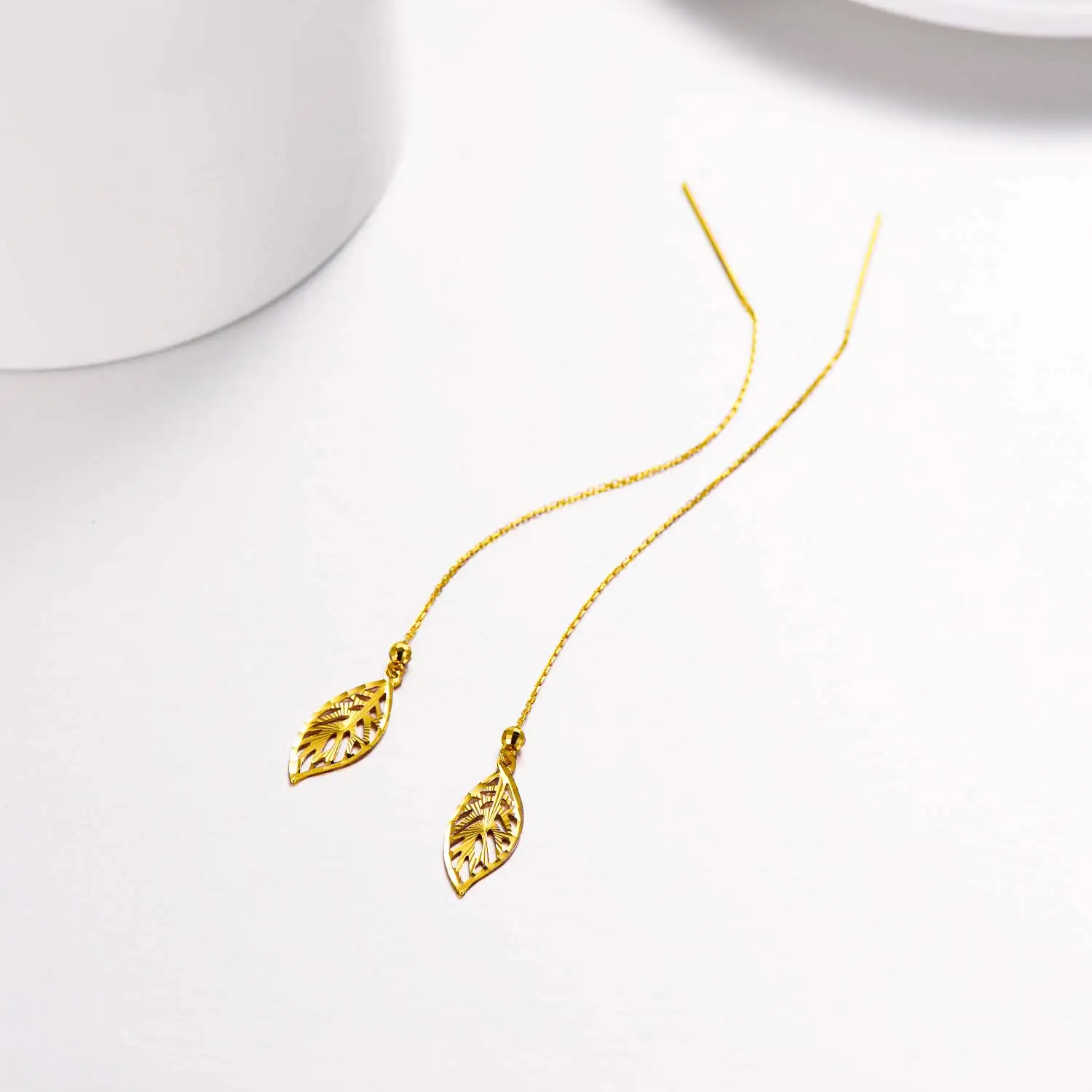 YFN 18k Gold Leaf Dangle Earring Solid Gold Chain Threader Earrings for Women Teens Fine Jewelry Gift